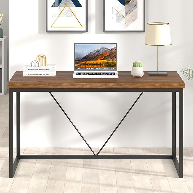 FOLUBAN Modern Computer Desk, Rustic Wood and Metal Study Writing Table, Simple Work Gaming PC Desk for Home Office, Walnut 53 Inch