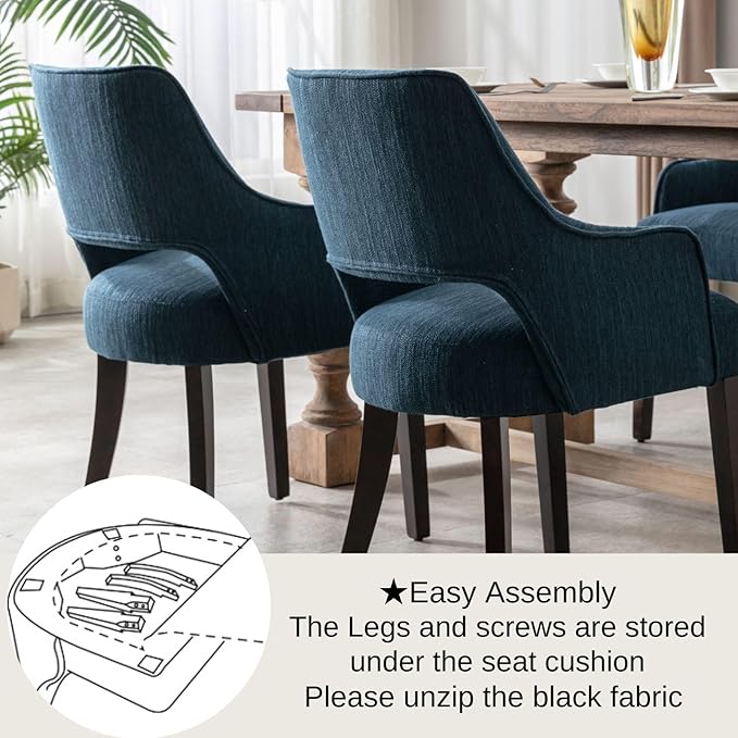 Linen Dining Chairs Set of 4 Upholstered Farmhouse Kitchen Chair Accent Chairs Side Chair with Wood Legs for Living Room/Dining Room/Bedroom/Restaurant, Blue