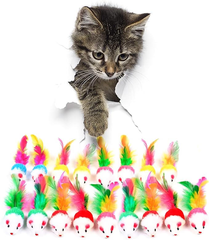 FYNIGO Cat Mouse Toys 17 Value Pack - Catnip Interactive Mice Toys with Feather Tails for Indoor Cats & Kittens - Realistic Plush Hunting Rattle Toys Set