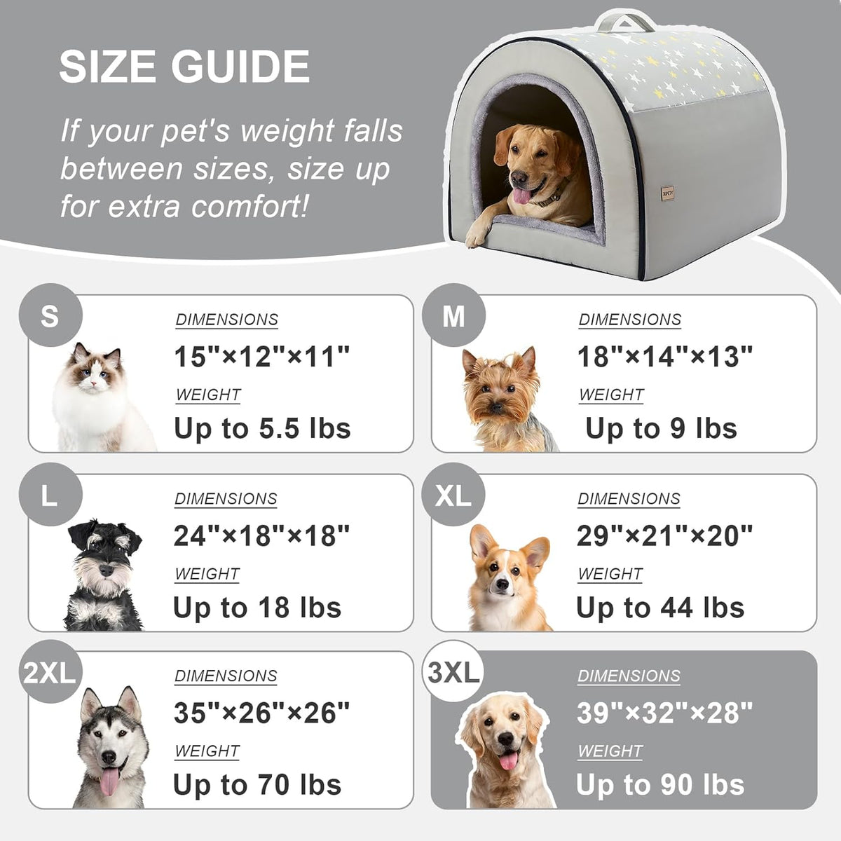 Jiupety 2 in 1 Dog House Indoor, Comfy Cave Bed Covered Dog Bed, Portable House for Large Dogs, 3XL(39"×32"×28"), Up to 90 Lb, Grey