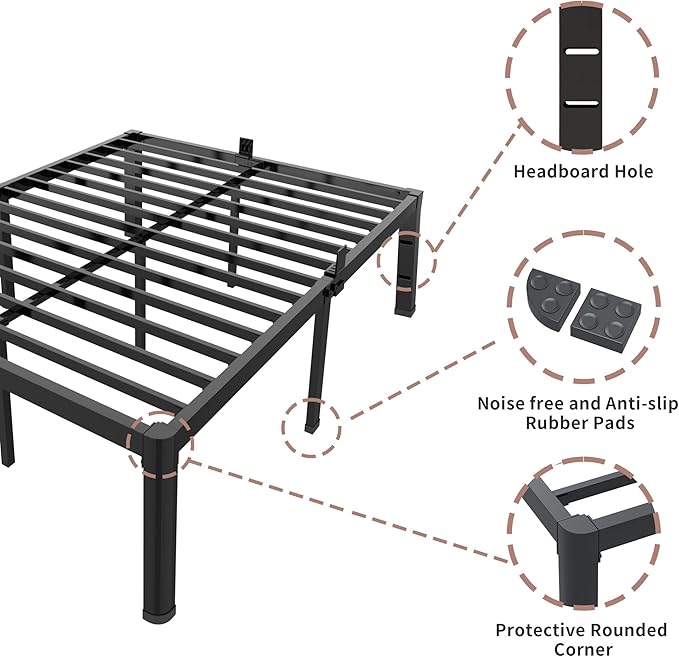 ROIL 12 inch Metal Queen Bed Frame with Rounded Corner and Headboard Hole Mattress Retainers 3500LBS Heavy Duty Steel Slats No Box Spring Needed Platform Noise-Free Easy Assemble