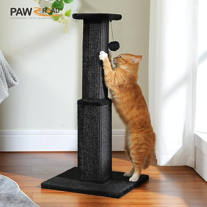 PAWZ Road Large Cat Scratching Post 32” Tall Black Scratching Post for Indoor Cats Adults Ultimate Scratch Post with Woven Sisal, Large Base and Removable Dangling Ball- Black