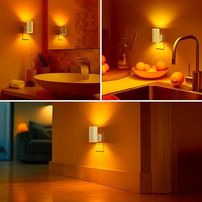 Briignite Night Lights Plug into Wall, Modern LED Night Light Plug in, Dusk to Dawn Sensor,Amber Night Light 0-100LM Adjustable Brightness, Dimmable NightLight for Hallway, Bedroom, Stairway, 2 Pack