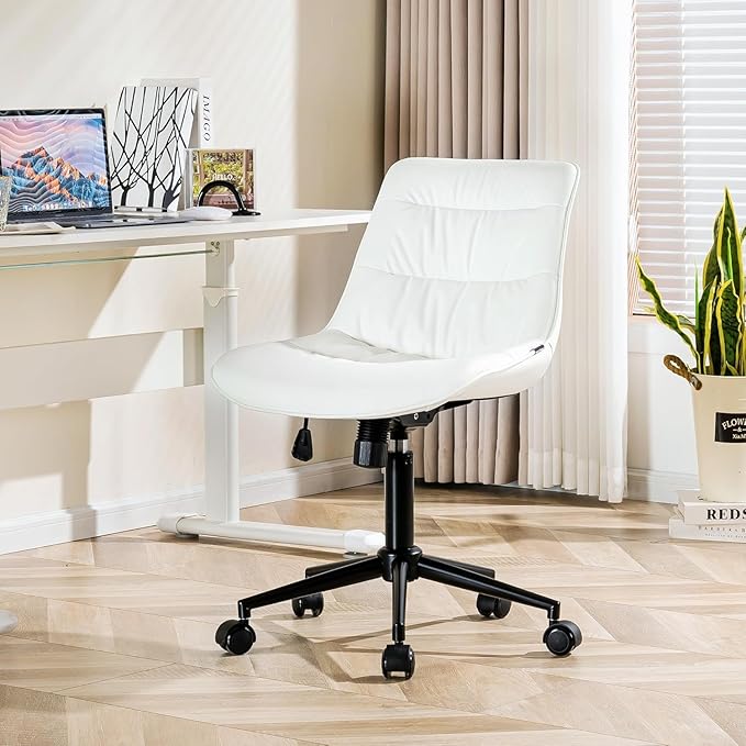Kidol & Shellder Faux Leather Office Chair, Adjustable Swivel Height Task Chair, Rolling Wheels & Soft Backrest - Armless Ergonomic Desk Chair for Home, Office,Vanity,Gaming（White）