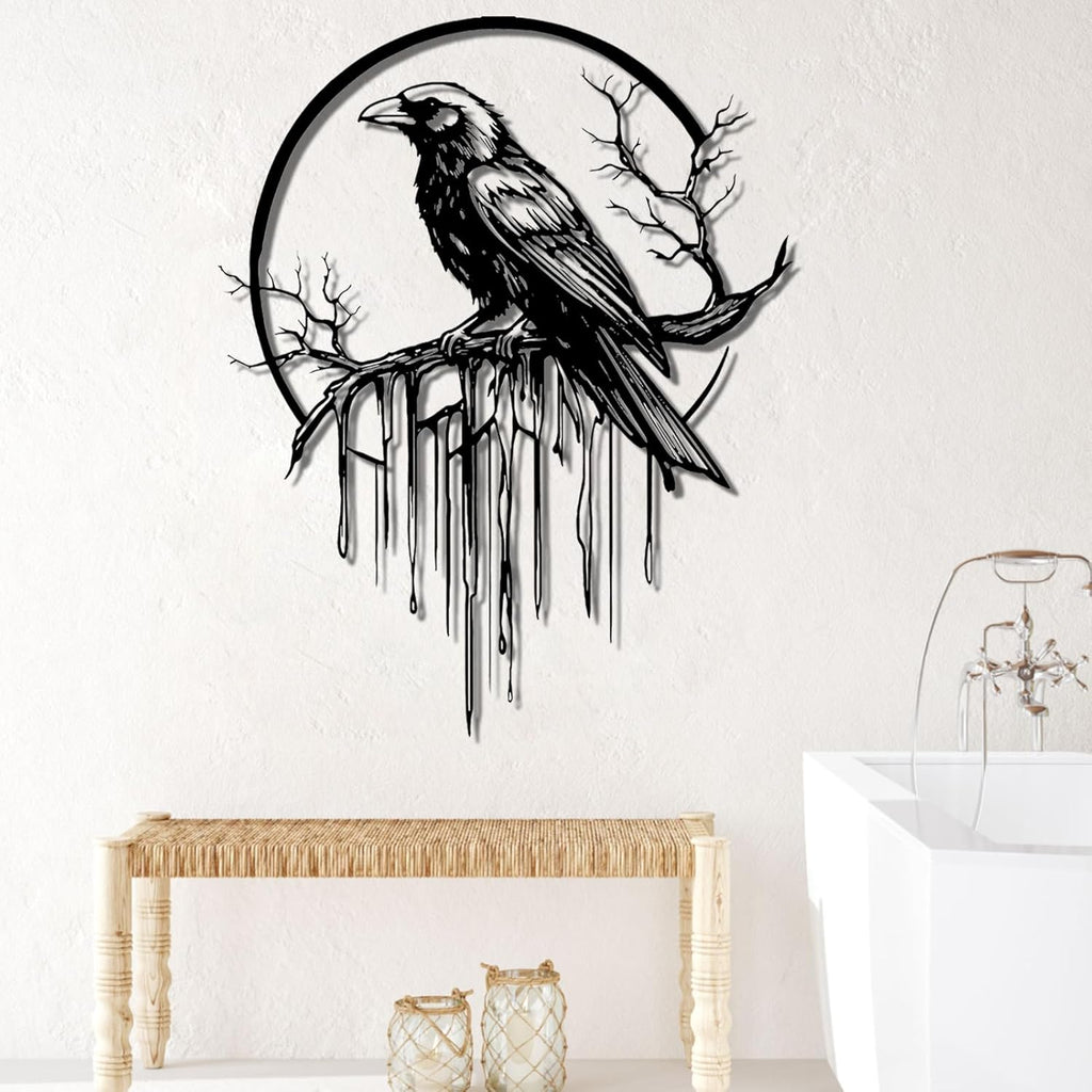 Crow Metal Wall Decor, Raven Wall Art, Large Gothic Raven Decor Hangings, Bird Wall Decor, Metal Tree Branch Decor, Ravens Sign, Raven Art for Living Room (Gold, 39"x31" | 100x80cm, metal wall art)
