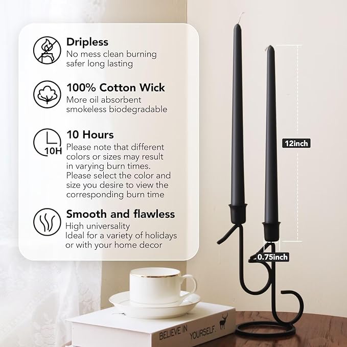 New Burning Formula Unscented Dripless 12-Inch Taper Candles Set of 12 - Black, for Wedding, Dinner - Smokeless, Long Burning - Hand Poured, Colored Tall Candlesticks - Negro