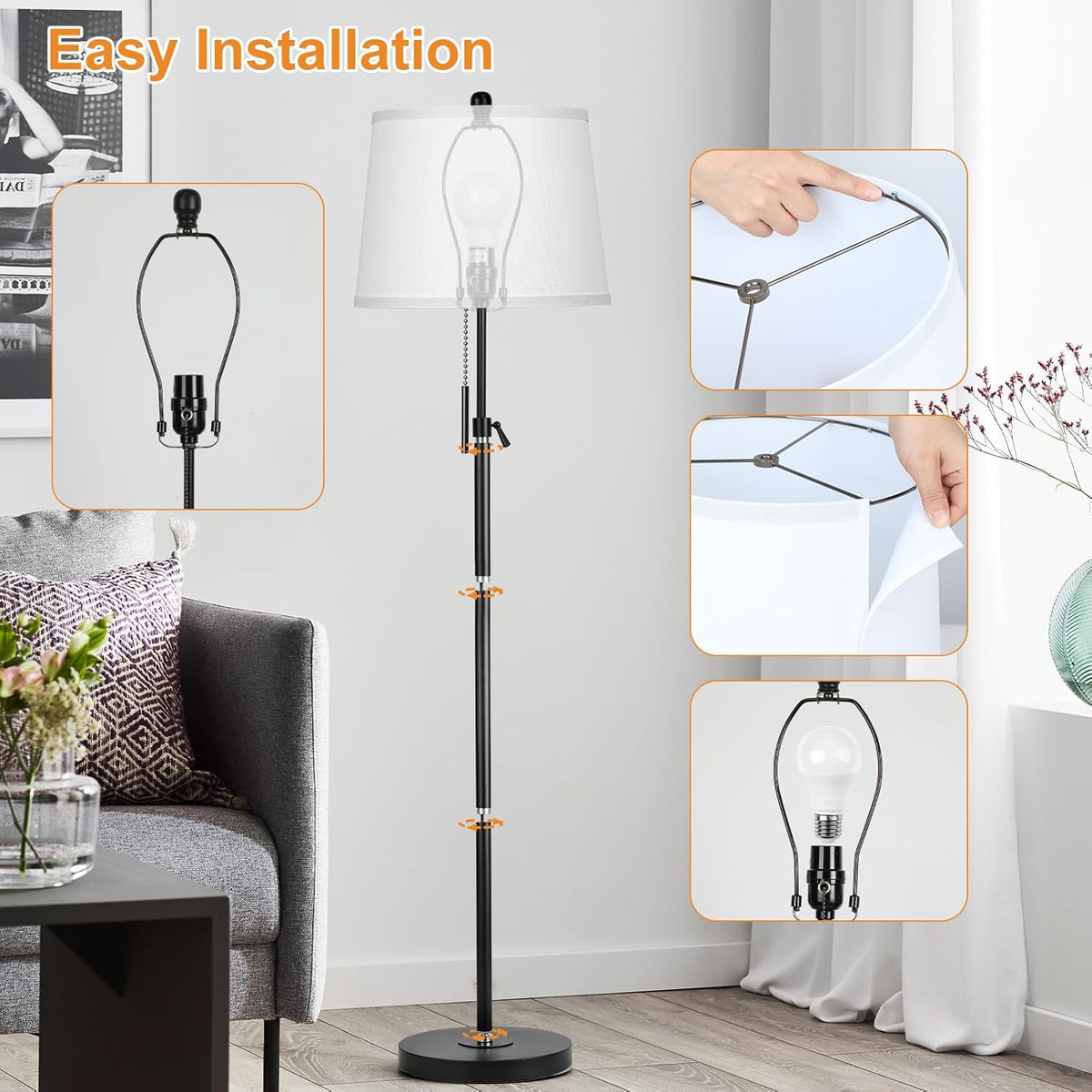Black Floor Lamps for Living Room Adjustable Height Standing Lamp Modern Tall Pole Lamps for Bedroom Office with White Linen Shade 3 Color Temperature 9W LED Bulb Included