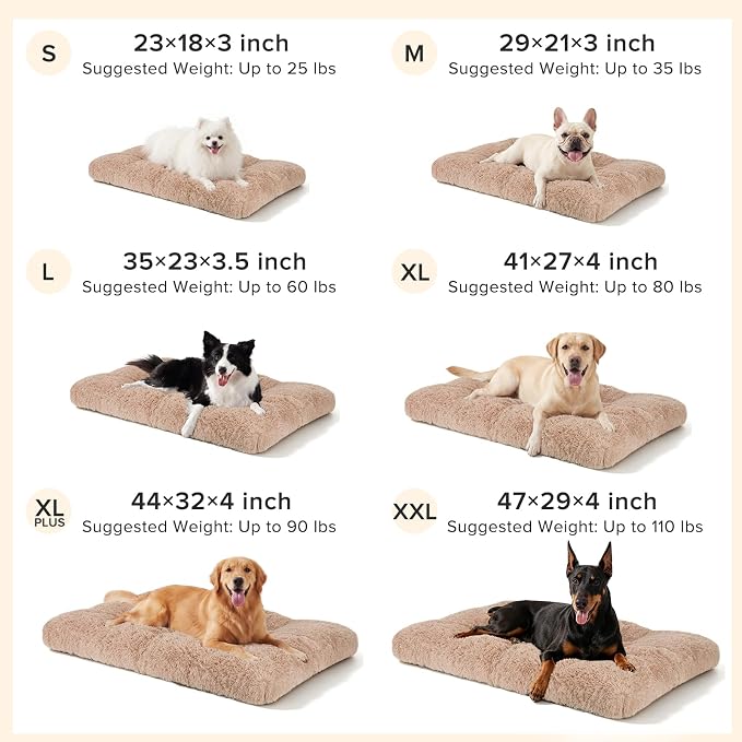 JOEJOY Dog Bed Crate Pad, Deluxe Plush Washable Dog Beds Fulffy Soft Kennel Pad Anti-Slip Pet Sleeping Mat for Small Dogs, 23" x 18", Beige