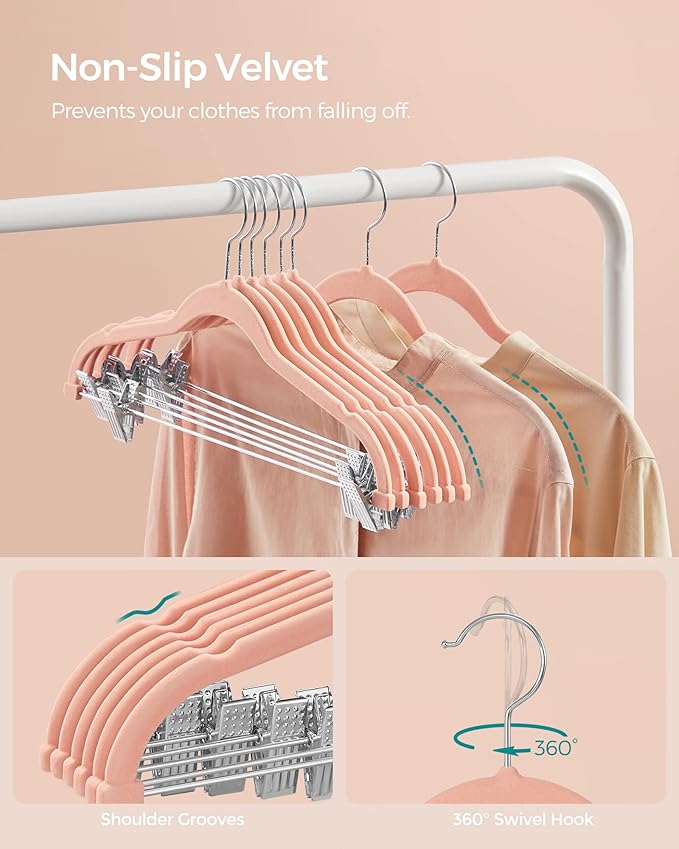 SONGMICS 30-Pack Pants Hangers, 16.7-Inch Long Velvet Hangers with Adjustable Clips, Heavy-Duty, Non-Slip Skirt Hangers, Space-Saving for Pants, Skirts, Coats, Dresses, Light Pink UCRF12PK30