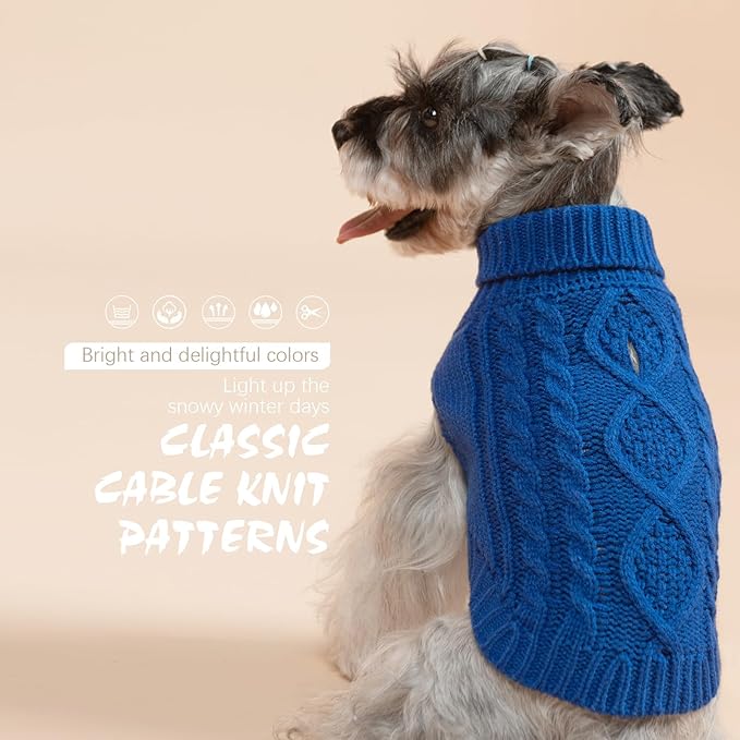 BINGPET Thermal Knitted Dog Sweater for Small Medium Large Dogs,Winter Dog Cat Coat Warm Sweartershirts Outfits,Classic Cable Knit Turtleneck Pullover Dog Jumper Coat Warm Sweartershirts(Blue,SM)