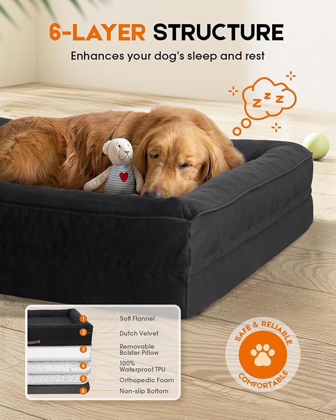Upvilla Orthopedic Dog Bed XL, Four-Sided Dog Sofa, Washable Cover, Black | Removable Waterproof Dog Bed Cover, Egg-Crate Orthopedic Foam, Built-In Carry Handle, Indoor Large Pet Beds, Cat Beds