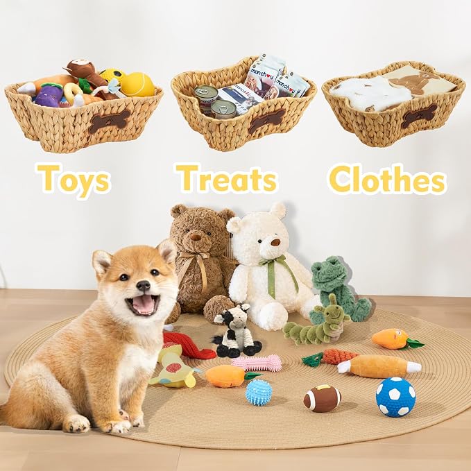 Wicker Basket for Pet Toys, 2 Pack Stylish and Natural Dog and Cat Toy Basket, Dog Storage Organizer with Bone Shape