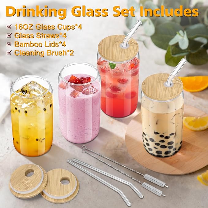 sungwoo 4PCS Glass Cups with Bamboo Lids and Straws, 16OZ Ice Coffee Cup, Drinking Cup set with Wooden Lids, Home Essential Glass Tumblers for Beer, Cocktail, Tea and Latte Clear