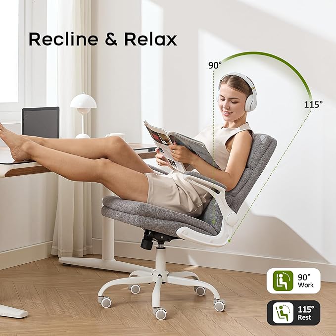 Office Chair Adjustable Desk Chair Mid Back Executive Comfortable Fabric Ergonomic Back Support Home Computer Chair with Padded Flip-up Armrest Swivel Wheels (Cement Gray)
