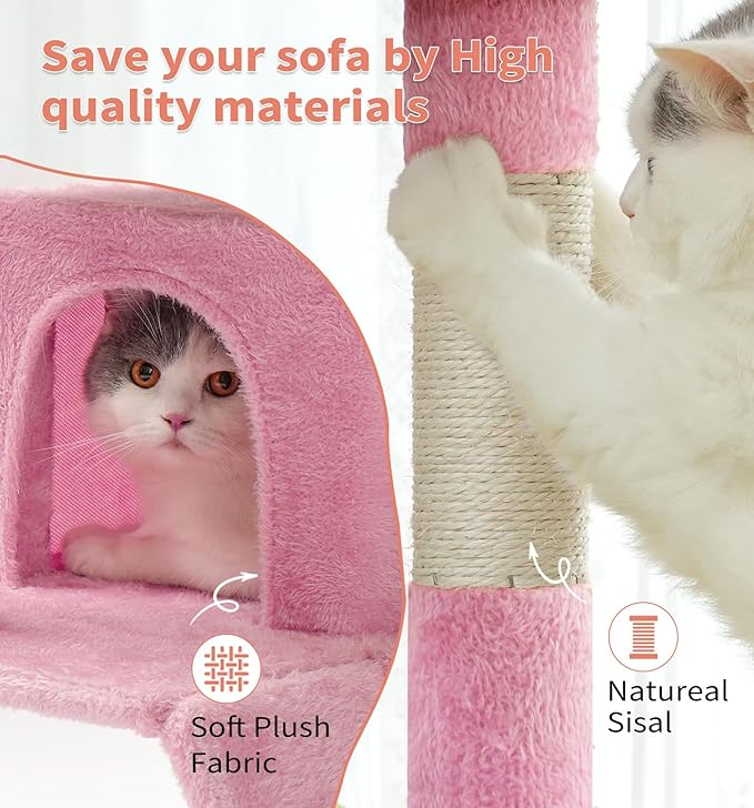 Made4Pets Cat Tree Tower 56" Cat Tower for Indoor Cats Kitten Tree Multi-Level Cat Tree with 2 Condo Furniture Activity Center with Scratching Posts Funny Toys (Pink)