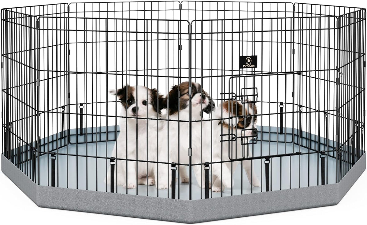 PJYuCien Dog Playpen, 8 Panels 24’’H Dog Pens Indoor with Bottom Pad, Metal Foldable Pet Puppy Exercise Fence Crate Kennel, Better for Small Animals,Grey