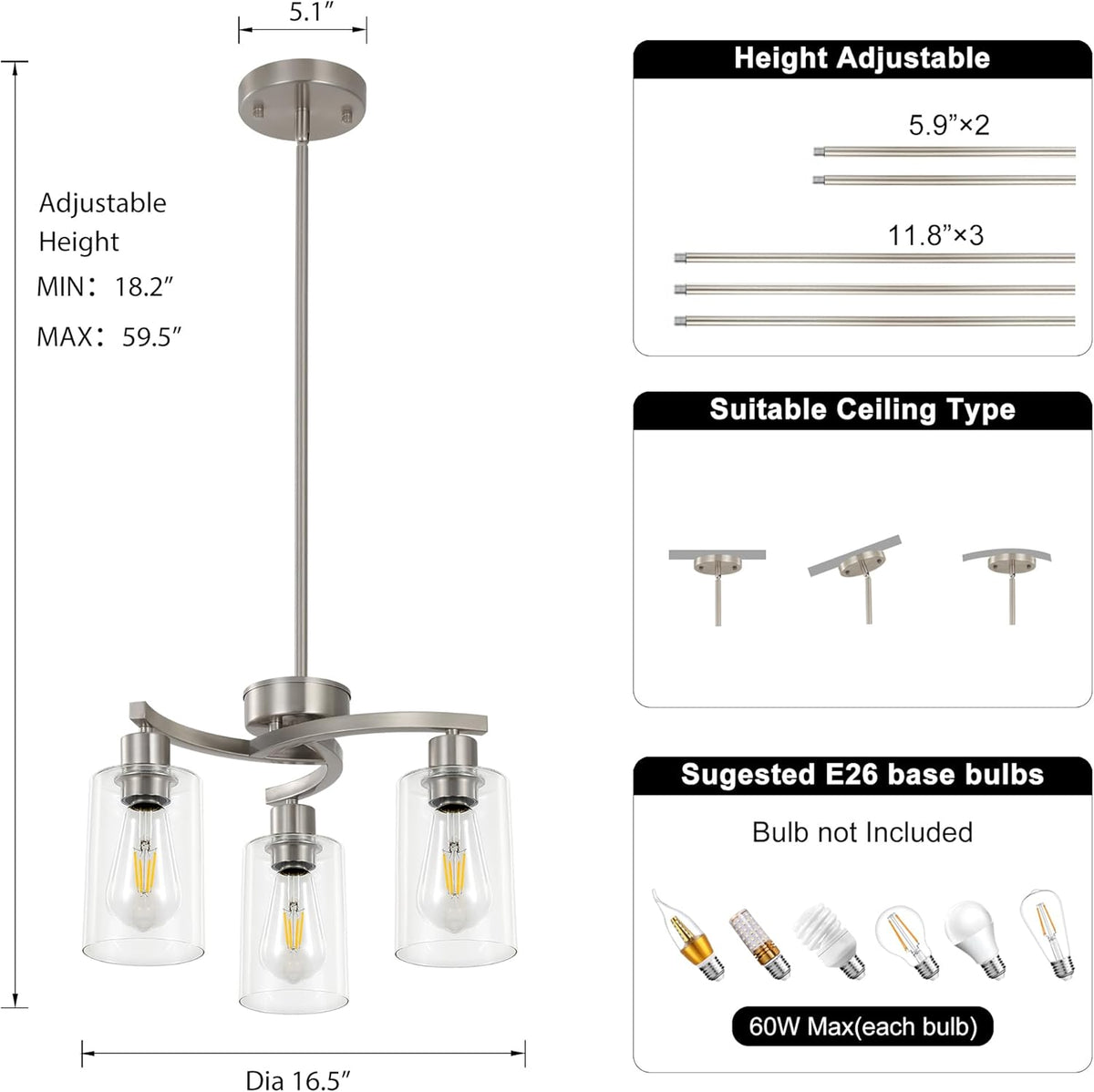 3-Light Brushed Nickel Dining Room Light Fixture,Modern Kitchen Chandeliers Over Table，Adjustable Height Industrial Hanging Pendant Lights for Kitchen Island with Glass Shade