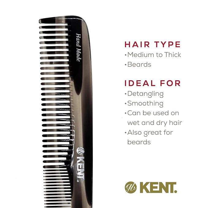 Kent 9T Black Graphite Fine Tooth and Wide Tooth Detangler Hair Combs - Large Handmade and Saw-Cut Dressing Comb - Wet Hair Comb for Women and Durable Grooming Comb for Men Made in England