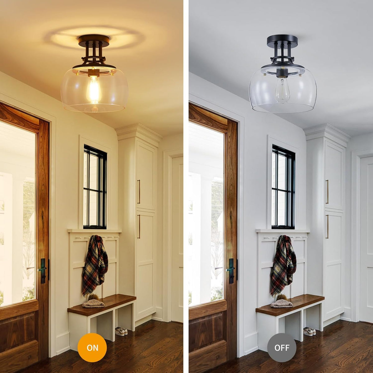 WUZUPS Chandelier Rustic Farmhouse Industrial Round Semi-flushmount Ceiling LED Light Fixture with Clear Glass Shades for Bathroom Kitchen Foyer Entryway, H 10" x W 10", E26 Base, Black