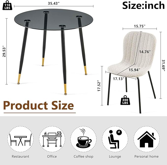 Modern Kitchen Table Set for 4, 5 PCS Grey Glass Round Dining Table Set, 35.43" Round Kitchen Table Transparent with 4 Upholstered Accent Chairs Comfortable Dining Chairs