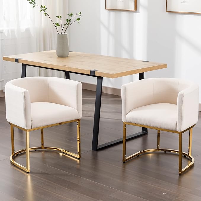 Linen Fabric Dining Chairs Set of 6 Modern Barrel Arm Chairs with Golden Frame, Upholstered Kitchen Chairs 18.5" Wide Accent Chairs for Living Room Dining Room Restaurant, Cream