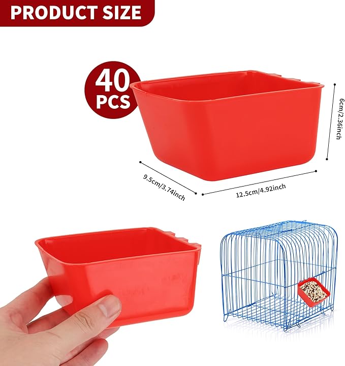 40 Pcs Cage Cups Chicken Feeder Cups 16 oz Hanging Bird Food Water Cups Bunny Cage Feeding Bowl Dish for Pet Parrot Rooster Parakeet Gamefowl Poultry Pigeon Wire Cage(Red)