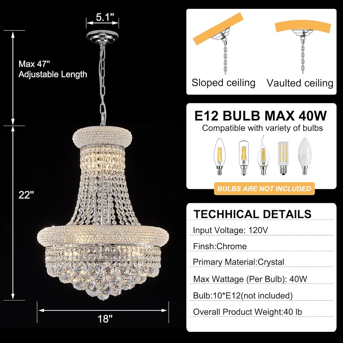 10 - Light Unique Empire Crystal Chandelier for Dining Room Foyer Entryway Living Room Bedroom Chrome Finish