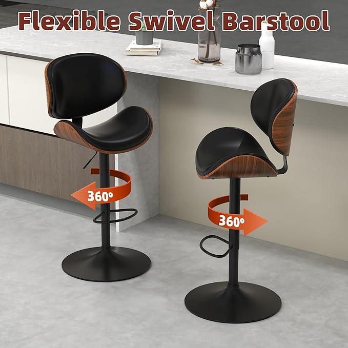 civama Bar Stools Set of 3 for Kitchen Counter, Adjustable Bar Height Chairs, Modern Swivel Barstools with Bentwood Seat and Back with Footrest, for Kitchen Island, Dining Room, Black PU Leather