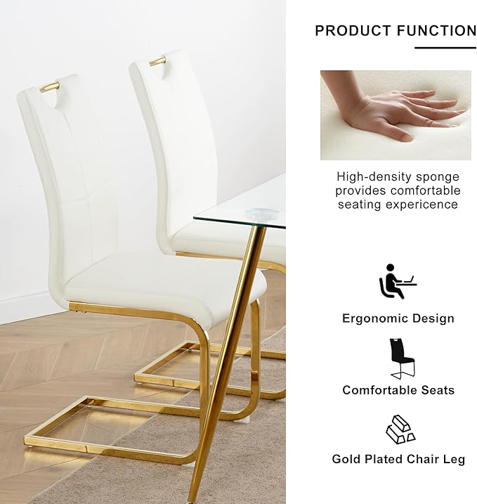 Modern Glass Dining Table Set for 4, Gold Glass Kitchen Table and Chairs Set of 4, 5 Piece Dining Room Table Set with 61" Rectangular Metal Glass Dinner Table and 4 White Leather Dining Chairs
