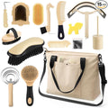 Abbylike 15 Pieces Horse Grooming Kit with Organizer Tote Bag Tack Room Supplies Horse Brush Sets Care Equine Cleaning Kit Shedding Grooming Massaging Tools (Beige)