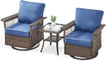Outdoor Swivel Glider Chairs - 3 Pieces Hollow Widen Armrests Wicker Patio Furniture Set with Side Table, High Back Outside Swivel Rocker for Balcony Porch Deck and Yard - Brown/Blue