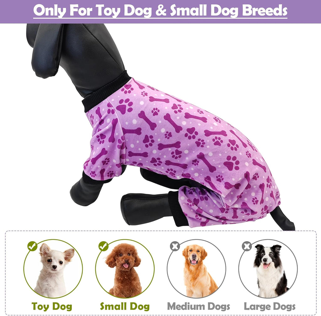 PET SHOW 4 Pack Small Dog Pajamas Paw Bone Patterns Cute Clothes for Medium Dogs Soft Fleece Stretchy PJs 4 Legged Jumpsuit Puppy Cats Onesies Outfits with Sleeve Dachshund Doggies Girl Boy (X-Small)