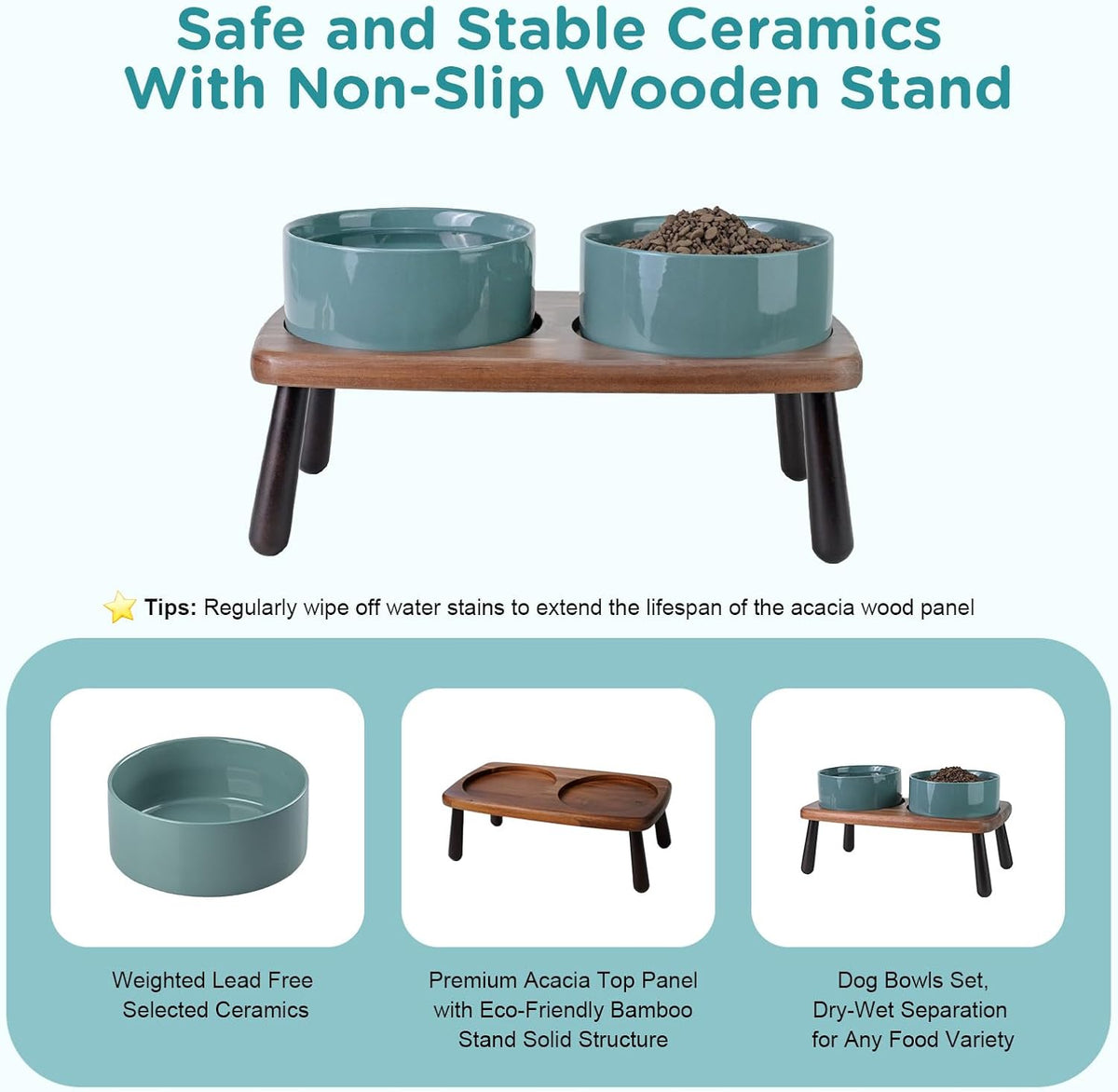 SPUNKYJUNKY Ceramic Elevated Dog Bowls Raised with Acacia Bamboo Wooden Stand, 6.1'' Dog Cat Food Water Bowls Set Non-Slip for Small Medium Sized Breed Microwave Dishwasher Safe - 28.7 OZ,Dark Green