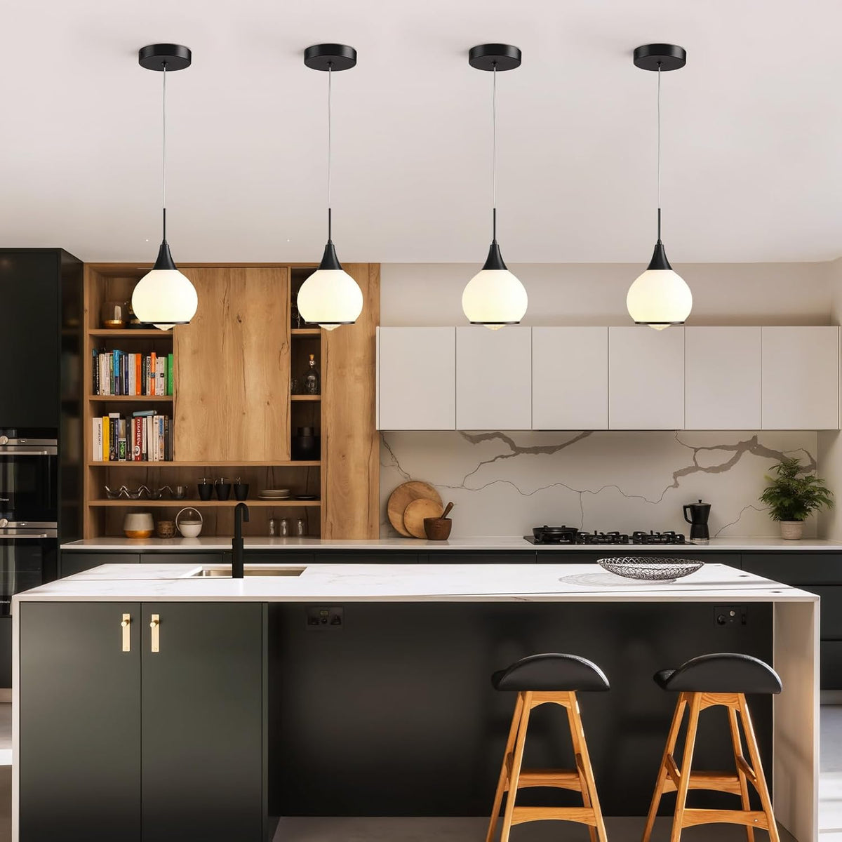 Pendant Light Fixtures Kitchen: 2 Pack Modern Black Island Light with Clear Glass - 6 Inch Mid Century Globe Kitchen Lighting Chandeliers Ceiling for Hallway Bar