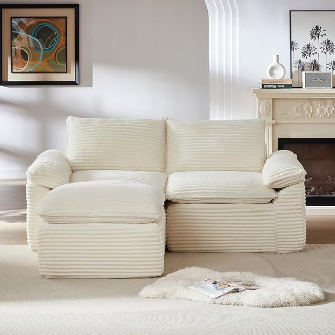 80" Cloud Sectional Couch with L-Shaped Chaise, Corduroy Sectional Sofa with Ottoman, Boneless Couch with Deep Seat in a Box for Living Room, No Assembly Required (White)