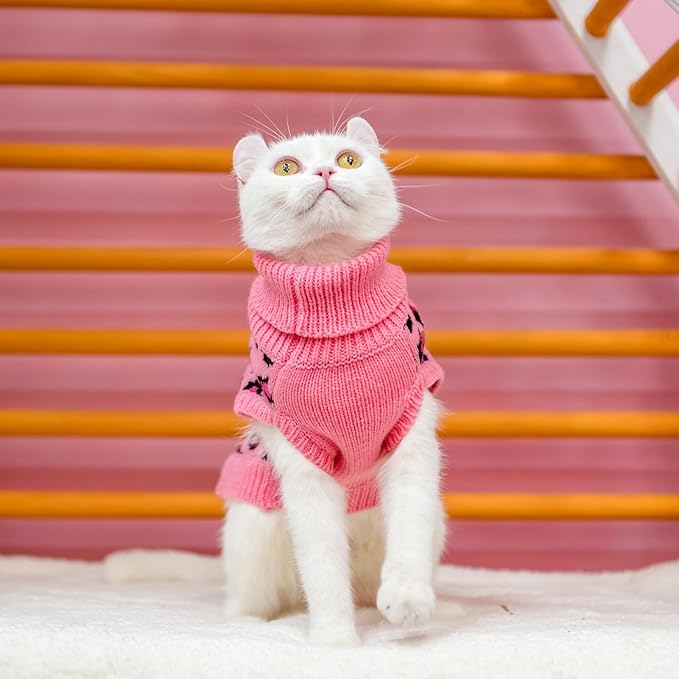 Mihachi Winter Warm Cat Sweater Turtleneck Puppy Pets Sweater Knit Vest Fashion Leopard for Cats Puppy Small Animals Pink Small