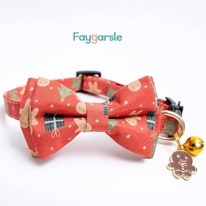 2 Pack Cotton Christmas Cats Collar with Bow Tie Red Green Cat Collars for Girl Female Boy Male Cat Collar with Bell Gingerbread Man Christmas Trees Charms