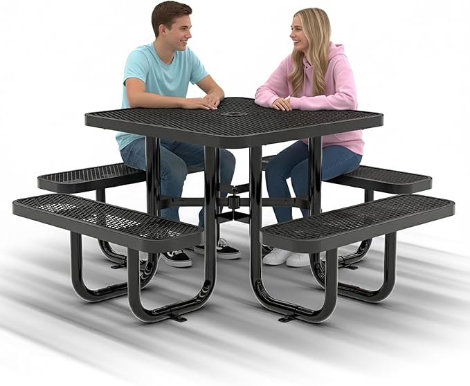 Metal Picnic Tables for Outdoors with Umbrella Hole - Coated Steel Heavy Duty Commercial Grade Furniture with Adjustable Seats (Black, 38 in, Square)