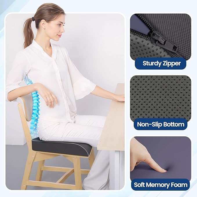 Seat Cushion for Tailbone Pain Relief, Office Chair Cushion, Memory Foam Large Chair Cushion with Non-Slip Cover for Soft Support at Office Chair, Car Seat, Airplane Grey/Large