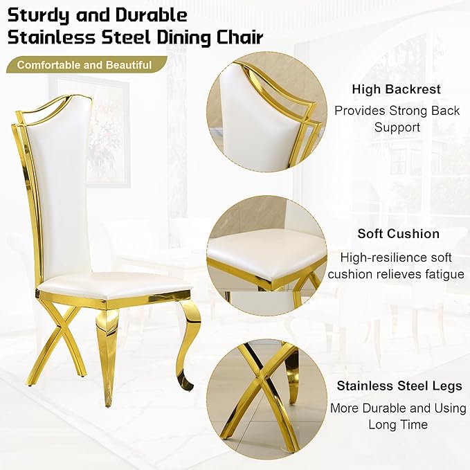 7-Piece Dining Table Set for 6, Modern Dining Room Set with 70'' Marble Dinner Table and 6 High-Back Upholstered Chairs, Stainless Steel Legs Table & Chair Set for Kitchen, White & Gold