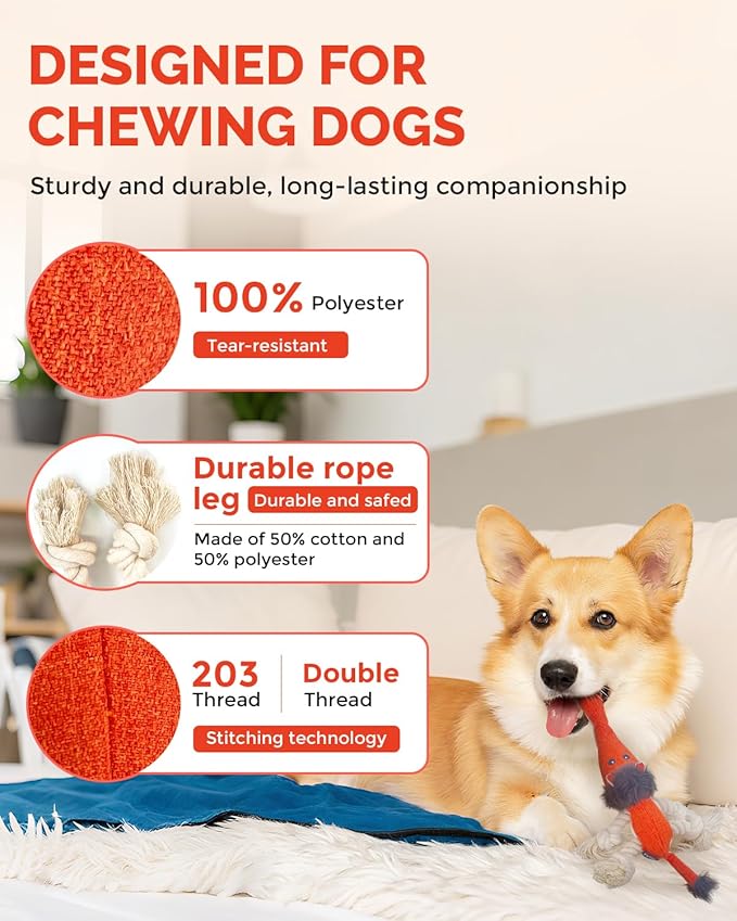 Squeaky Dog Toys for Medium Dogs - Durable Dog Toys for Aggressive Chewers to Keep Them Busy - Interactive Plush Chew Toy with Squeaker for Training Reward & Gift - Orange