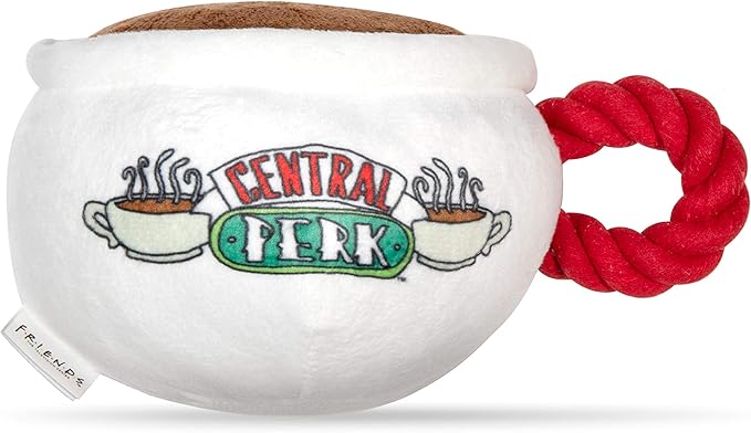 Friends the TV Show Central Perk Coffee Mug Plush Dog Toy with Rope Handle| Soft Cute Squeaky Toy for All Dogs | Stuffed Dog Toys with Squeaker Noise for Added Fun, Friends Memorabilia