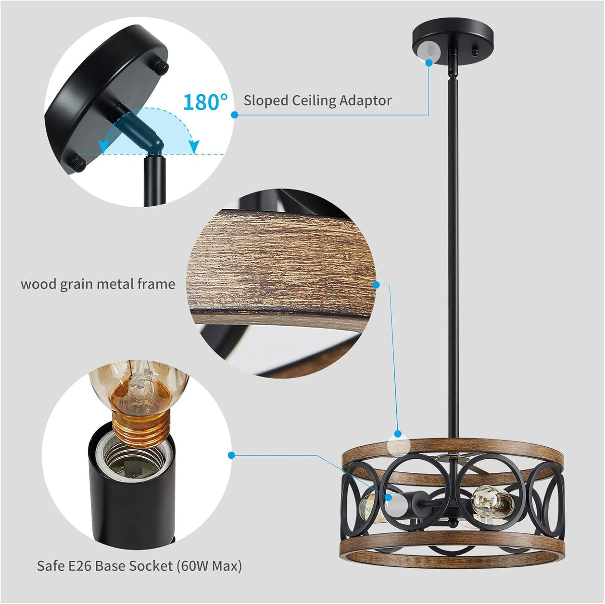 XINGQI Black Ceiling Light Adjustable Height Chandelier Modern Farmhouse Pendant Lighting Fixture Wood Grain Metal 13" Rustic Round Lights for Dining Room Kitchen Bedroom Entryway