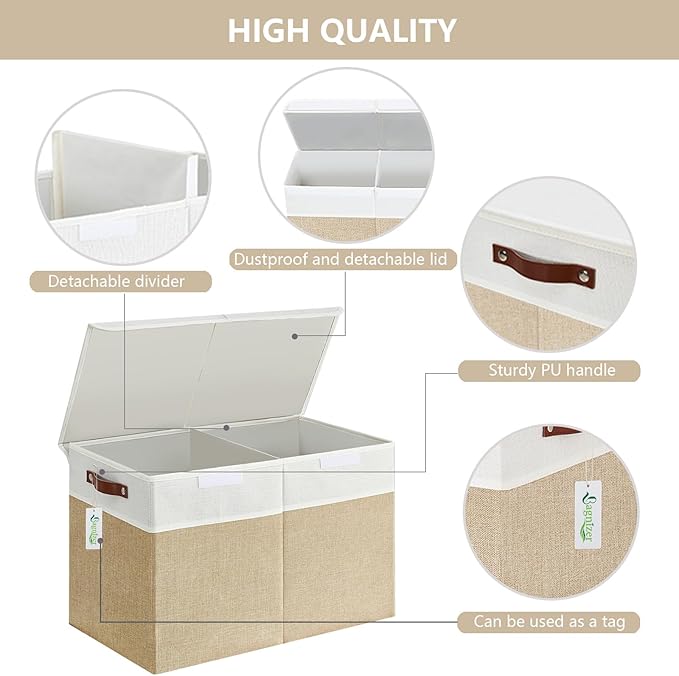 Large Toy Storage Box with Lids, Collapsible Sturdy Baby Storage Organizer Chest Bin Basket for Kids, Boys, Girls, Playroom, Nursery, Bedroom, Closet 25"x13"x16" (Beige and White)