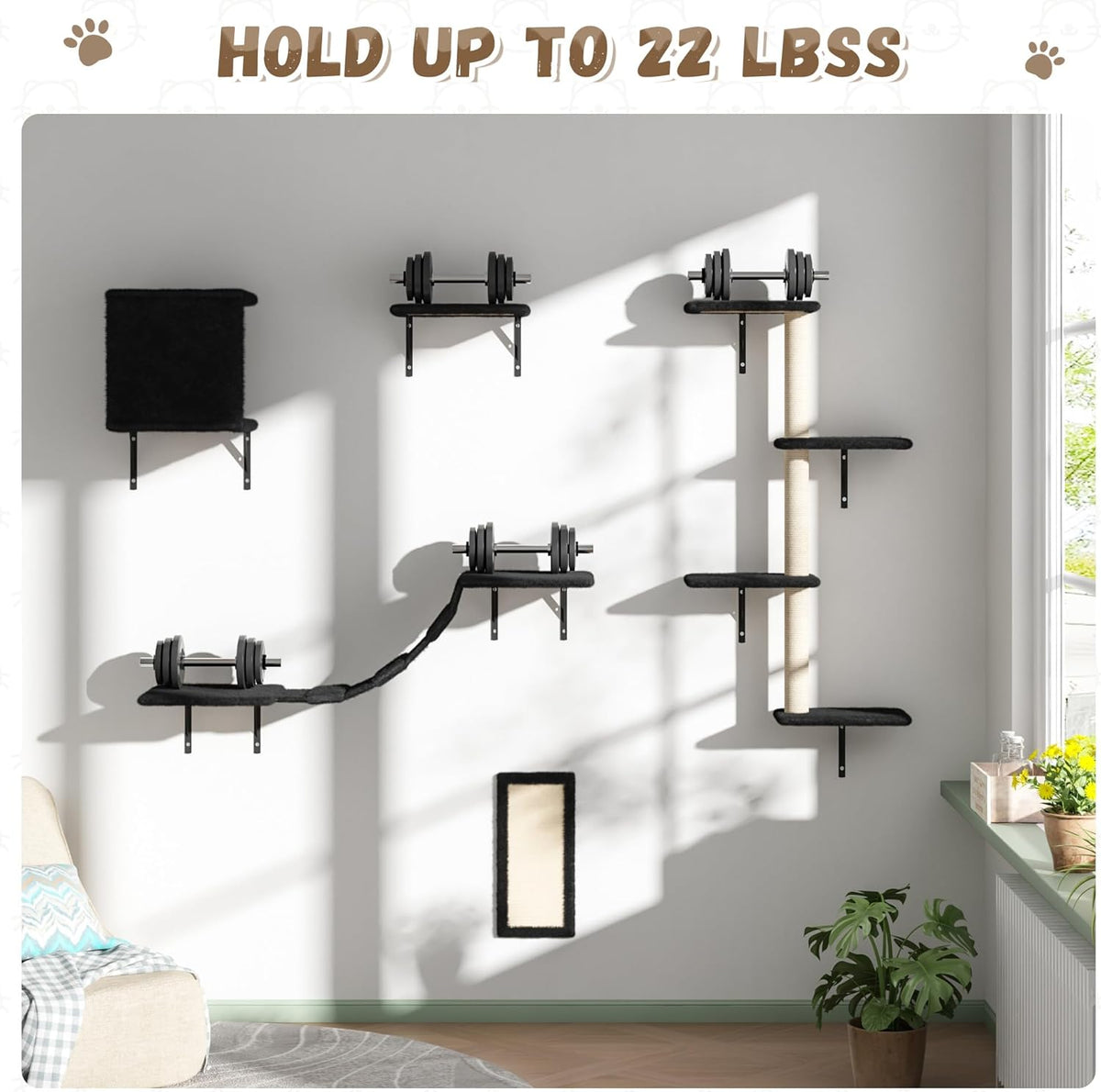 COZIWOW Wall Mounted Cat Furniture, Cat Wall Shelves and Perches, Floating Cat Shelves for Wall Set of 5 (Black)