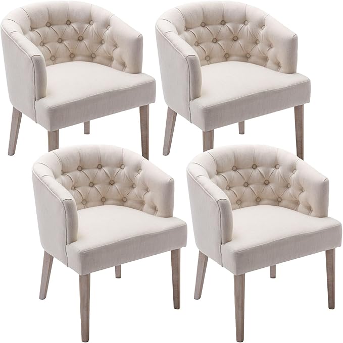 DUOMAY Modern Tufted Dining Chairs Set of 4, Linen Upholstered Side Chair, Comfy Accent Barrel Chair with Wood Legs for Home Kitchen Dining Room Living Room Restaurant, White