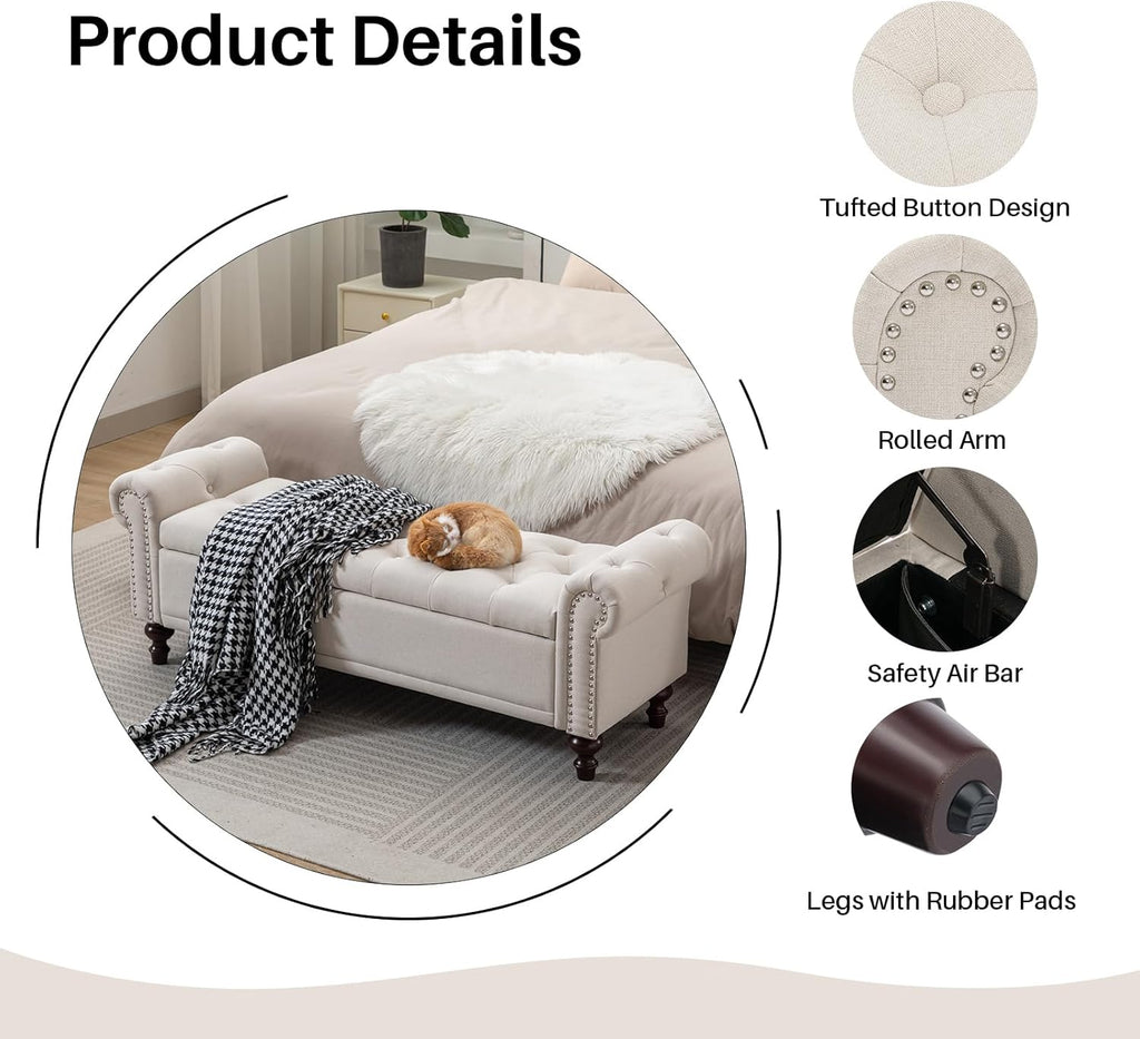 58.1'' Storage Bench Upholstered Linen End of Bedroom Bed Bench Ottoman with Tufted Cushioned Rolled Arm Large Storage Space for Reading Living Room Entryway, Beige