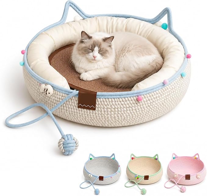 Handwoven Cotton Rope Cat Basket Bed with Hanging Ball Toy (Blue, Small) | cat bed, woven cat basket, kitten bed, small dog bed, cat toy ball, all season pet bed, washable cat cushion