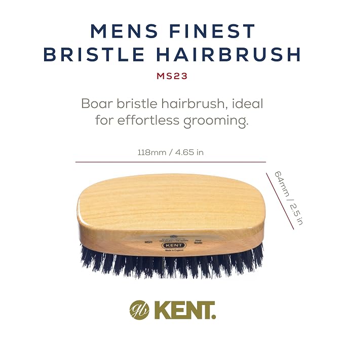 Kent MS23 Finest Men's Rectangular 100% Natural Satinwood & Beechwood Military Hair Brush with Medium Black Bristle for Mens Grooming, Scalp Brush, 360 Wave, and Beard Straightener