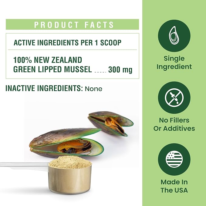 Green Lipped Mussel Powder for Dogs & Cats - 100% New Zealand Green Lipped Mussels - Natural Hip & Joint Supplement for Joints, Tendons, Ligaments, Muscles - 75 Grams - Up to 250 Servings